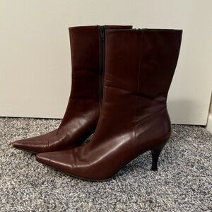 Vintage Brown Leather Mid-Calf Pointed Toe Boots